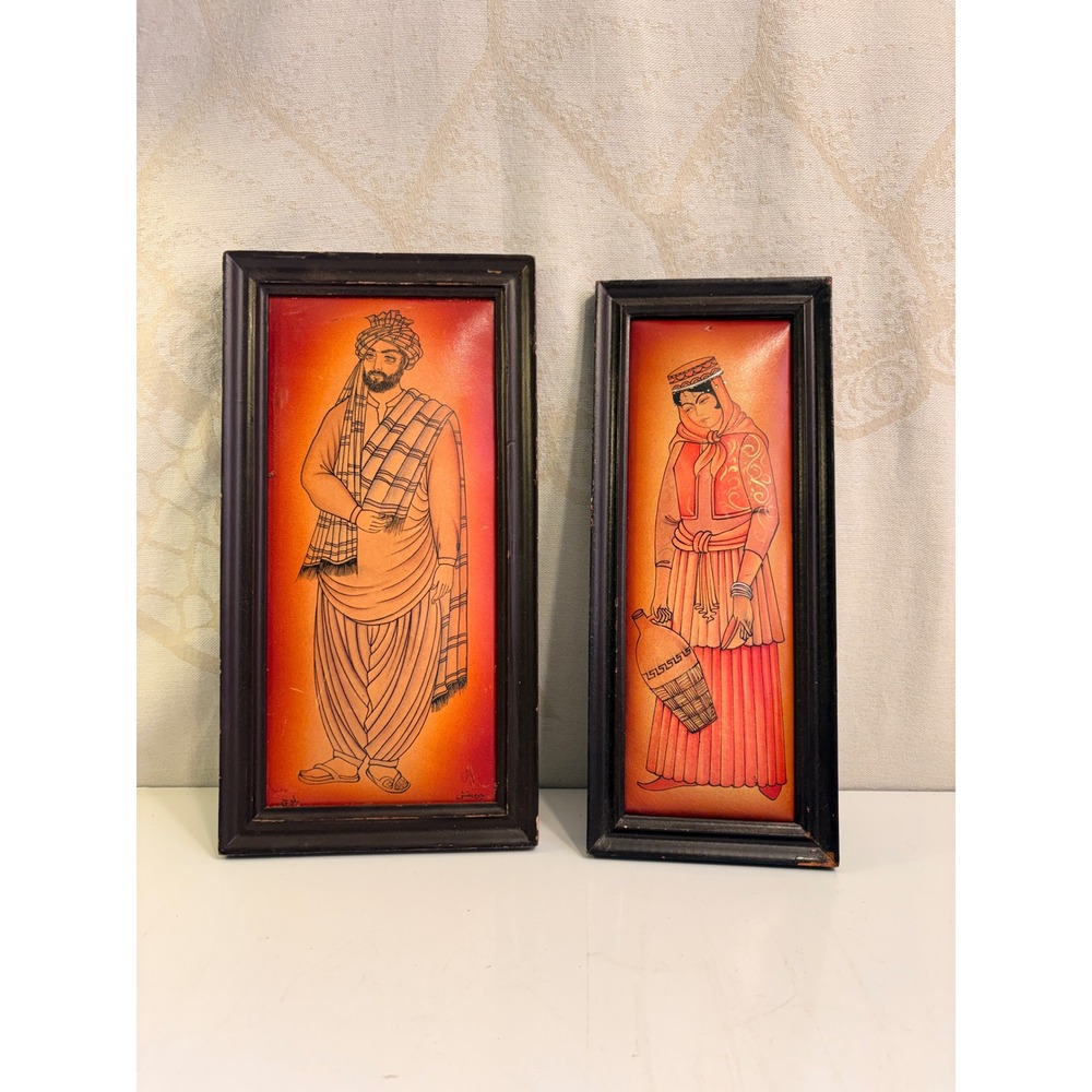 Vintage Persian Middle Eastern Miniature Paintings Framed Pair Traditional Folk